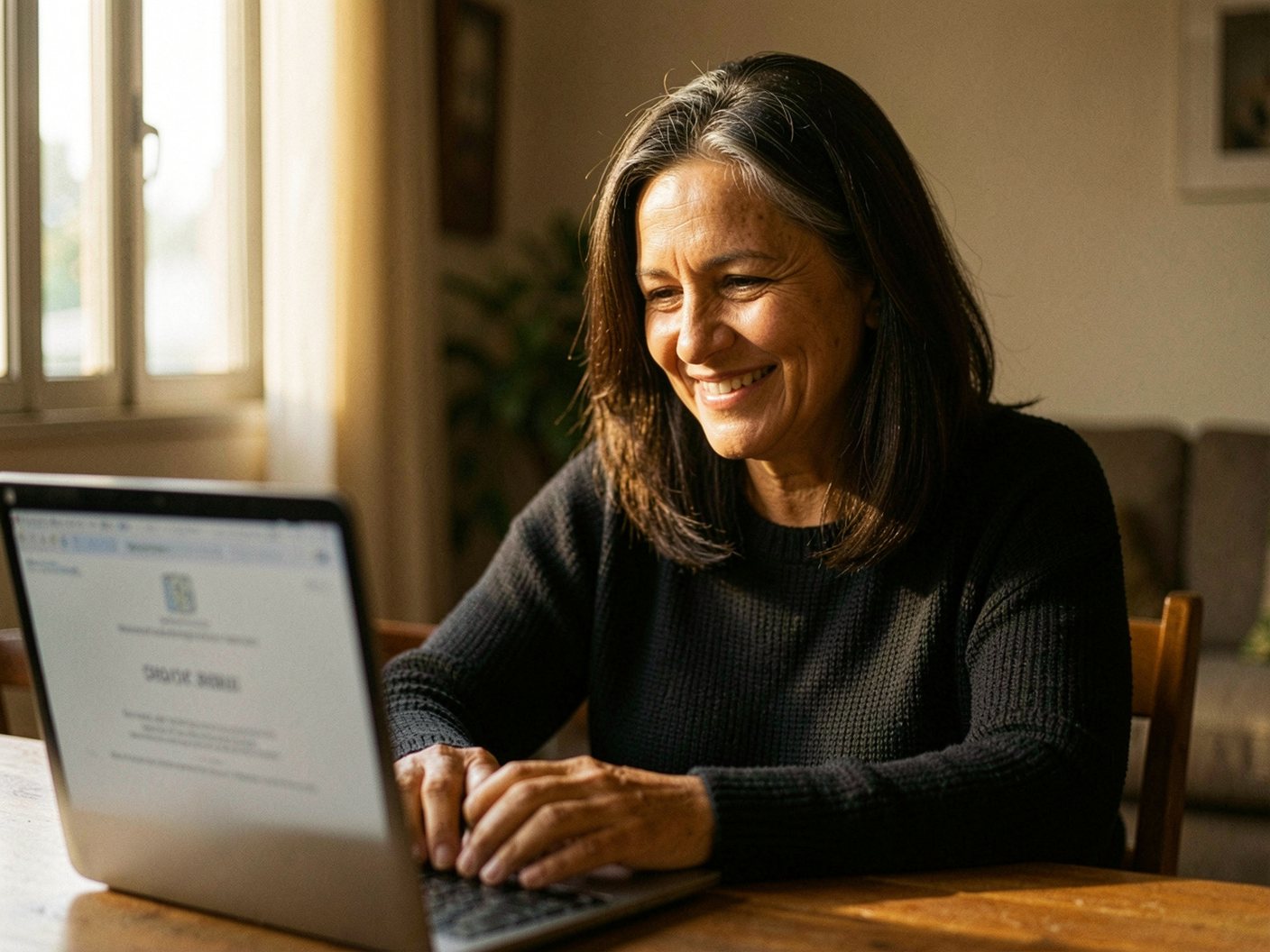 Mulher de cerca de 40 anos sorrindo ao consultar o resultado no notebook, em casa